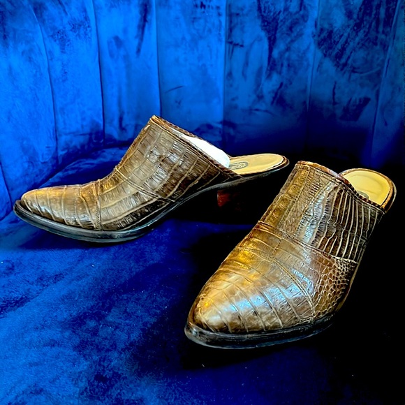 Brown Leather Pointy Toe Western Mules Alligator Snake Slip-on Cowboy Boots - Picture 1 of 8